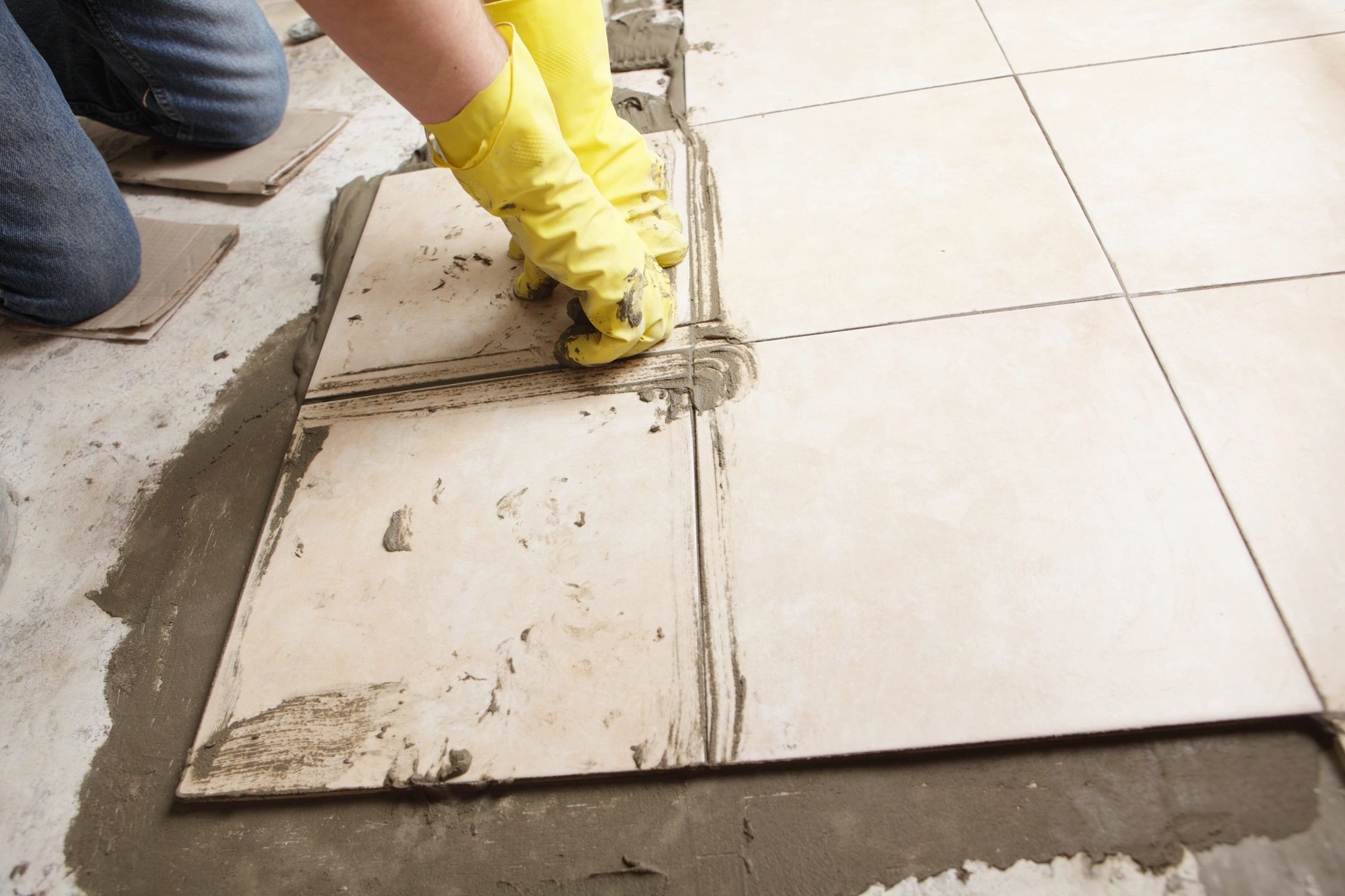 Large-format porcelain tile installation in a commercial lobby